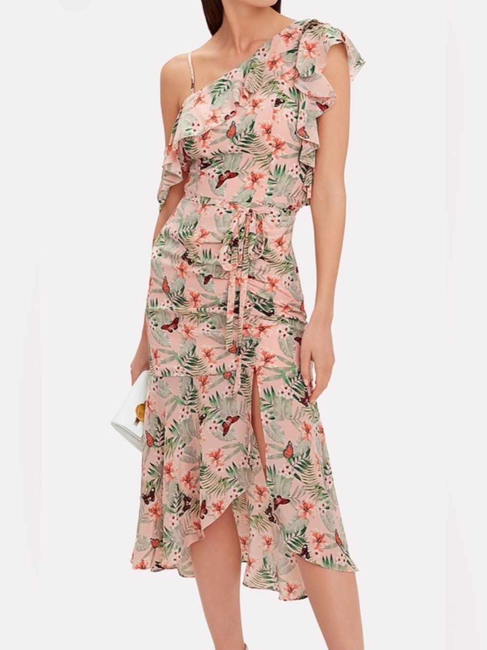 Joie Jamima Butterfly One-Shoulder Cascade Mermaid Silk Midi Dress in Blush